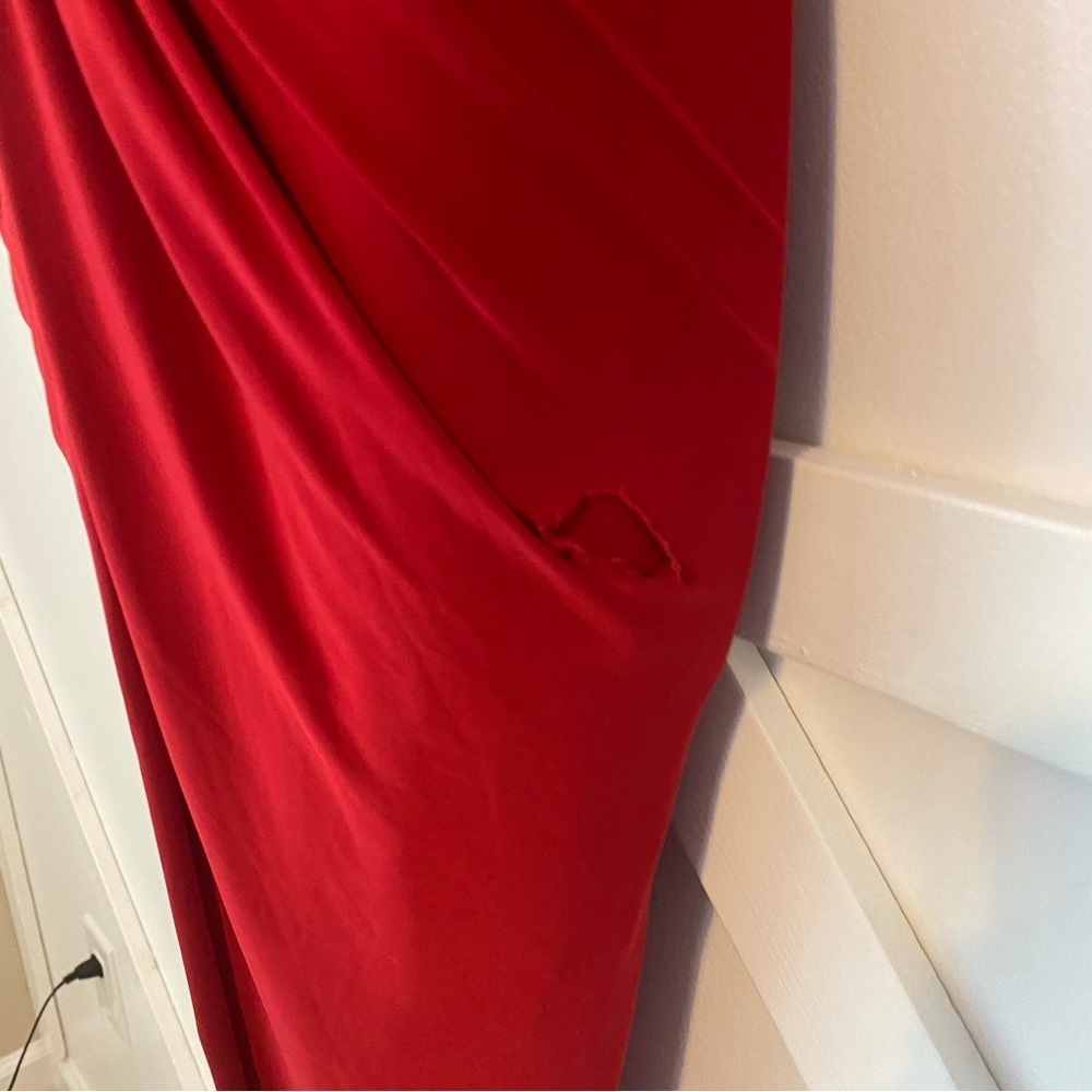 Misa Teget High Low Hem Ruched Twist Front Long Flare Sleeve V-Neck Dress Red S - Picture 7 of 11